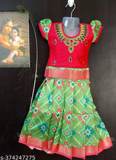 Silk Bandhani embroidered Lehenga Choli and Pattu Pavadai for kids, Indian designer silk outfit with zari border, suitable for weddings, ceremonies, parties, festivals