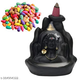 Handcrafted Shiv Ganesha combo, golden Ganeshji and Shiv Ji backflow waterfall incense holder showpiece statue with 30 free backflow incense cones (Indian art form)