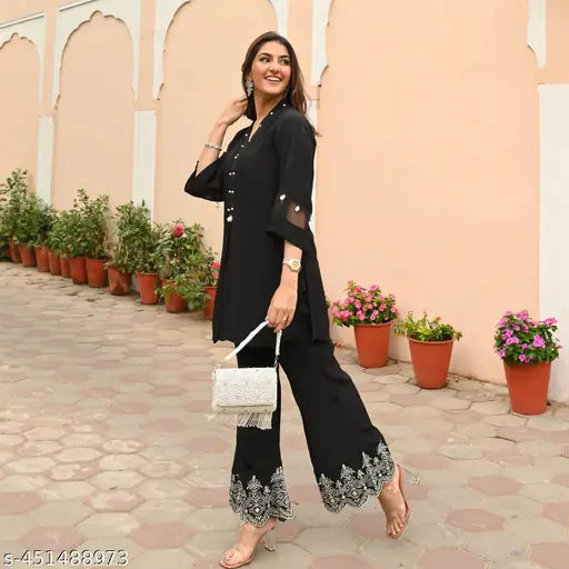 Black rayon Moti Kurta with palazzos, solid net, three-quarter sleeves, women's clothing, size S to XXXL, made in India