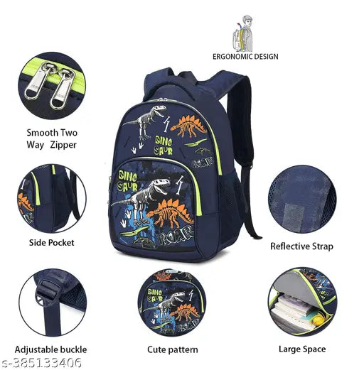 Blue polyester school backpack with dino skeleton design, suitable for students from Class 1 to 8