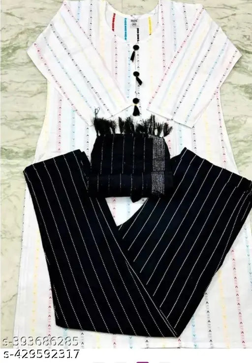 Black cotton kurta set with dupatta and bottomwear, printed pattern, pack of 4 sizes (S-XXL), India origin