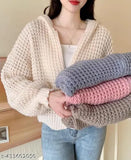 Peach wool zipper cardigan with hoodie, perfect for cozy winter wear