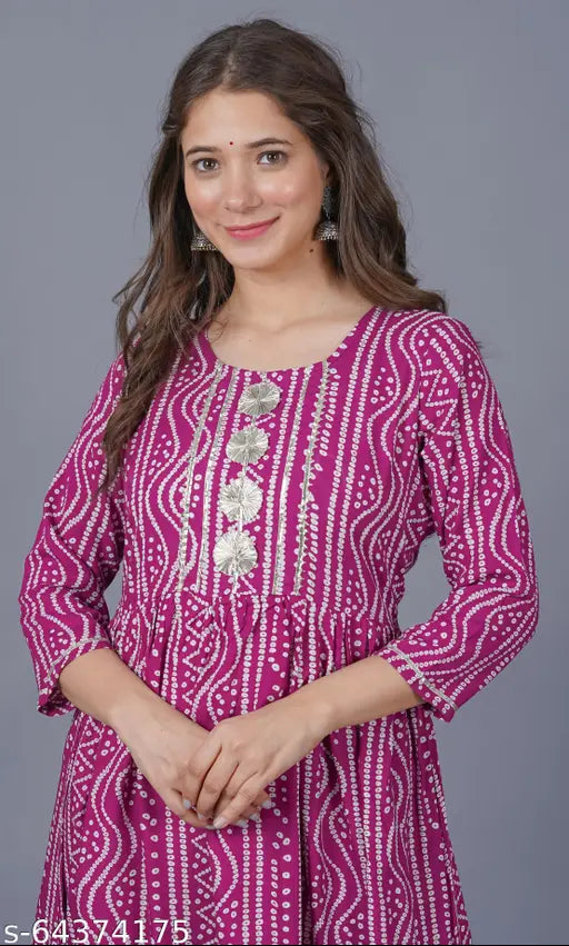Pink viscose rayon Anarkali kurta with 3/4 sleeves, printed design by Smita Fashion, Indian ethnic wear