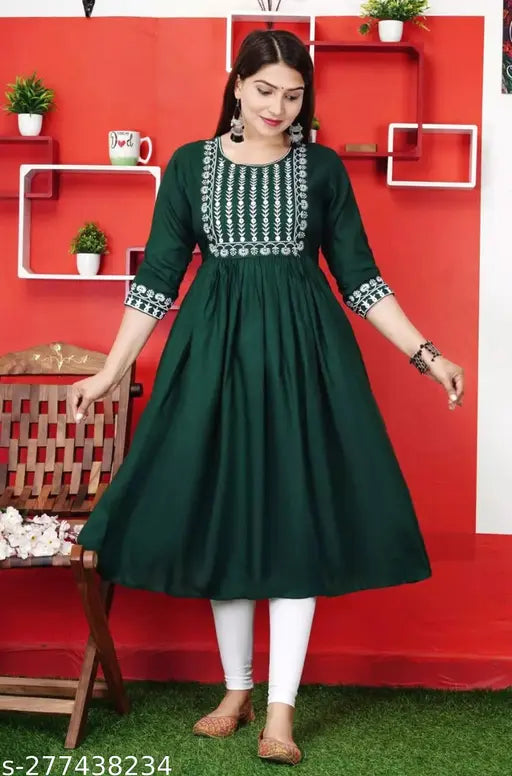 Rayon embroidered Anakali kurti, single color with three-quarter sleeves, made from 100% high quality Rayon fabric, lightweight and soft, suitable for S to XXL sizes (36in - 44in bust, 44in length). Indian handcrafted fashion statement