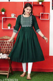 Rayon embroidered Anakali kurti, single color with three-quarter sleeves, made from 100% high quality Rayon fabric, lightweight and soft, suitable for S to XXL sizes (36in - 44in bust, 44in length). Indian handcrafted fashion statement