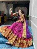 South Indian Silk Blend Lehenga Dhavani (Unstitched), kalamkari pattern, long sleeves, free size
