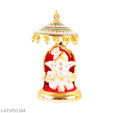 Polyresin & Marble Pagri Ganesh Idol with Designer Umbrella Chatri - Indian artistry for car dashboard, office, study table decor, gifts, Diwali celebrations. Divine elegance and artistic craftsmanship
