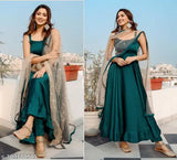 Green art silk Anarkali kurta set with dupatta and no bottomwear, sleeveless, printed on model