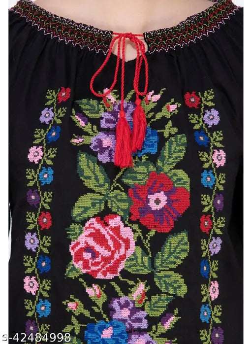 Black Rayon embroidery top for women, formal or casual occasions by SAAKAA (India)
