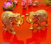 Metal elephant statues, decorative showpiece set (2 pcs), symbolizing wisdom & strength from India