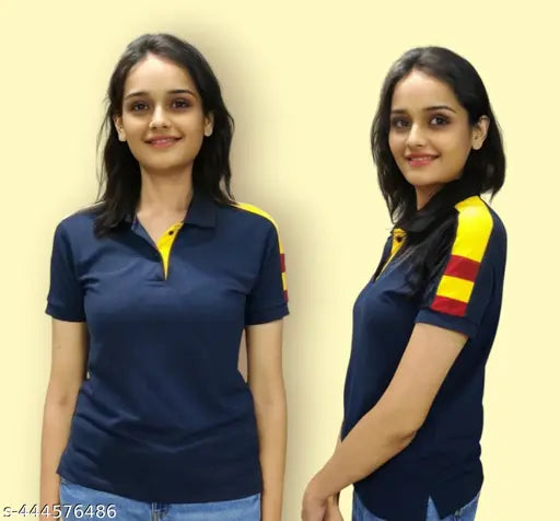 Navy Blue Multi-Colored Collar Cotton Blend T-Shirt for Women & Girls - Soft, Breathable, and Stylish