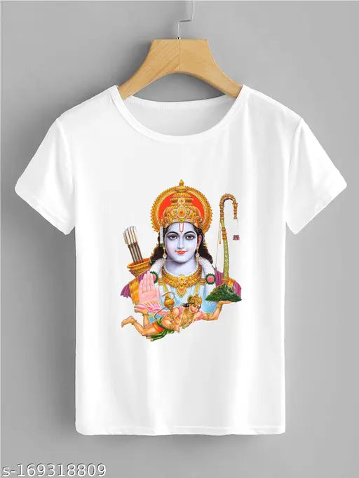 Polyester short sleeve Rama T-shirt featuring printed image of Hanuman and "Jai Sri Ram", Indian religious apparel