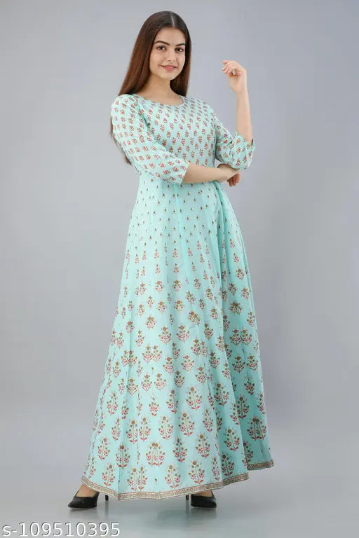 Light green rayon printed Anarkali long kurta with three-quarter sleeves, handcrafted in Jaipur, India