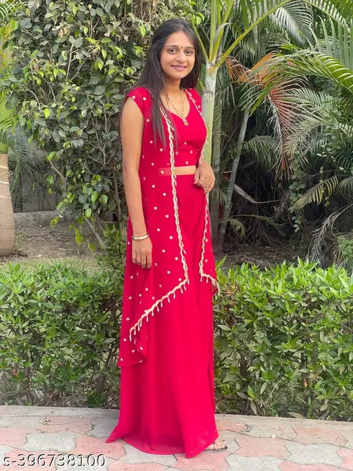 Classic Georgette shrug palazzo set with cropped top, sleeveless, Rani color cherry, full embroidery work, for partywear, India origin