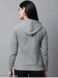 Light grey fleece zip-up hoody for women, solid design, long sleeves, India origin