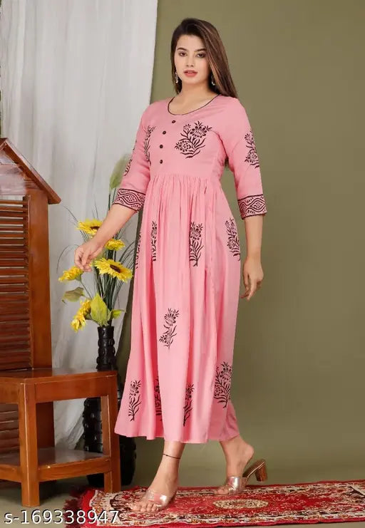 Rayon hand block printed Anarkali kurta with three-quarter sleeves, vibrant Indian print on a beautiful authentic design