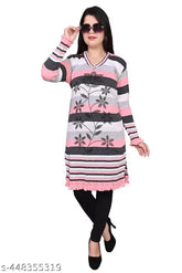 Trendy winter wool kurti with three-quarter sleeves, printed combo for women's M (36in bust, 40in length), L (40in bust, 40in length), XL (38in bust, 40in length) - Indian V-neck design