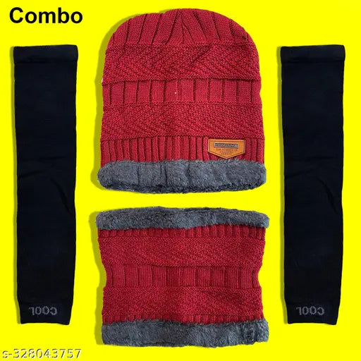 Black woolen winter combo: Beanie cap, neck warmer muffler, full gloves - ideal for men & women's outdoor activities
