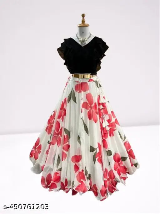 Trendy georgette skirt set, floral pattern, short sleeves, designed for festive occasions or weddings. New Georgette blend of traditional charm and modern elegance (Size 3-4: 18 null, 24 null; Size 4-5: 19 null, 25 null; Size 6-7: 21 null, 27 null; Size 7-8: 23 null, 28 null), India origin