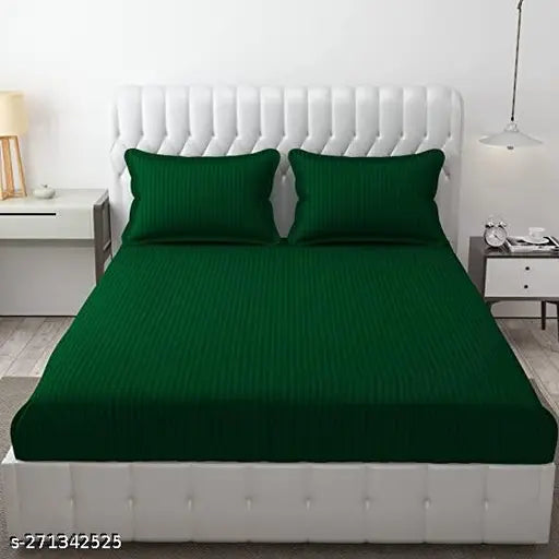 Dark green Shine Creations 300 TC elastic fitted bedsheet King size with 2 pillow covers, ideal for summer, satin striped superfine material
