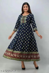 Blue rayon kurti, three-quarter sleeve, printed combo, Indian ethnic wear