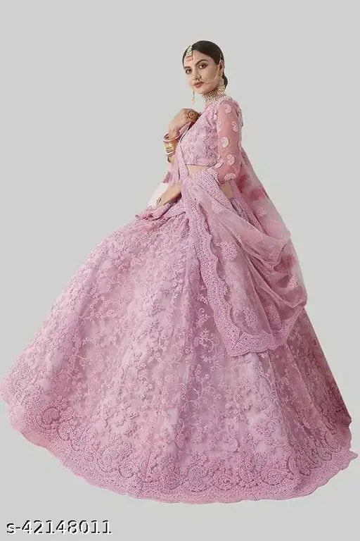 Embroidered chikankari net lehenga set for women, semi-stitched, 42in waist, 46in length, made in India