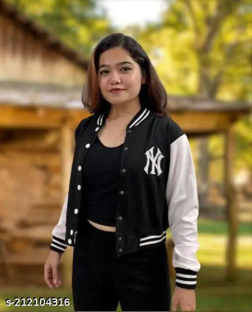 Black fleece casual short varsity jacket with self-design pattern, ideal for everyday wear (S - Bust 34in, Len 18in; M - Bust 36in, Len 18in; L - Bust 38in, Len 19in; XL - Bust 40in, Len 19in). Made in India