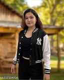 Black fleece casual short varsity jacket with self-design pattern, ideal for everyday wear (S - Bust 34in, Len 18in; M - Bust 36in, Len 18in; L - Bust 38in, Len 19in; XL - Bust 40in, Len 19in). Made in India