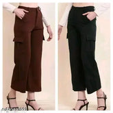 Brown and black color combo Lycra net cargo pants for women, size 26, 28, 30, 32. Indian-made women's fashion wear on hangar