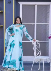 Georgette print long gown with dupatta, long sleeves, Indian printed net maxi dress on mannequin