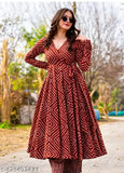 Maroon rayon Anarkali lining gown with pant kurta, three-quarter sleeves, printed net, and palazzos bottom – Indian fashion on display stand