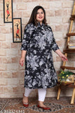 Black plus size cotton A-line kurta with floral print, three-quarter sleeves for women, Avnii brand