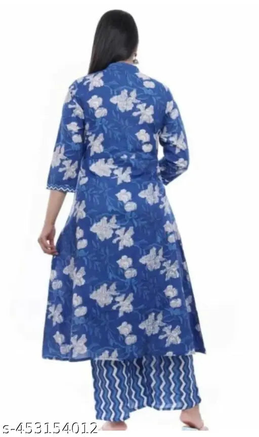 Stylish flared cotton kurti palazzo set, printed net, three-quarter sleeves - Indian fashion for women