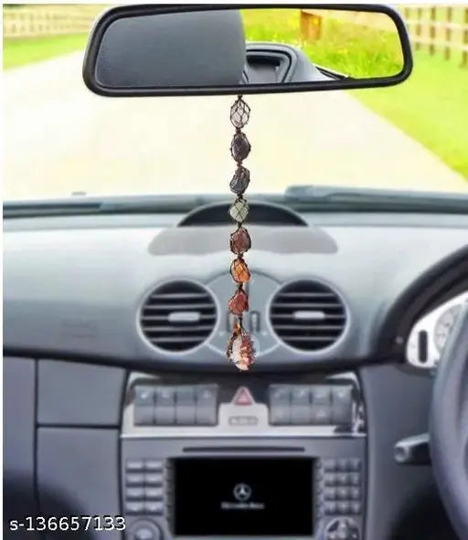 Natural 7 Chakra Tumble Hanging: Bohemian crystal set for car or home decor, promoting mental wellness with reiki healing crystals originating from India
