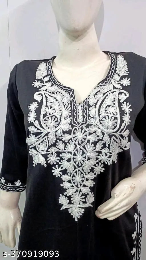 Embroidered woolen kurti in three-quarter sleeves, indulge in winter chic elegance