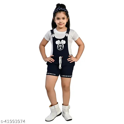Cotton blend printed dungaree set for kids, featuring white half sleeve plain t-shirt and navy blue dungarees, sizes from 1-2 to 5-6 years
