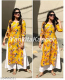 Rayon Adrika Ensemble Women Kurta Set with Palazzos, printed net design, three-quarter sleeves. (Size S: Bust 34in, Shoulder 10in)