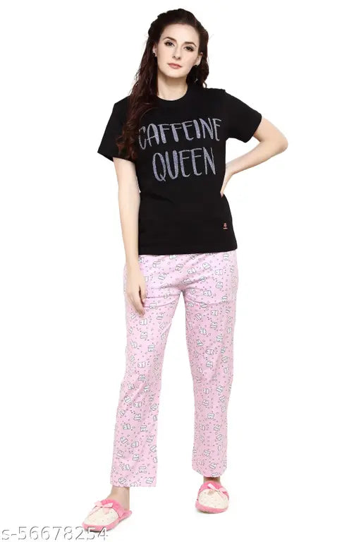 Punk pink women's pajama set, black and punk pink round neck coffee hearts print nightsuit