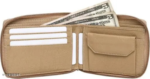 Beige artificial leather wallet for men & women, 4 card slots, trendy formal travel accessory with solid pattern