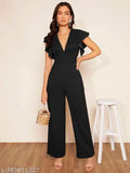 Trendystore New Launch polyester plunging neck wide leg jumpsuit, solid color with ruffle and zipper details, high waist fit type