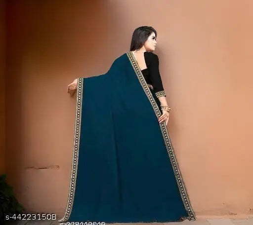 Georgette lace saree with blouse, daily and party wear, solid pattern in free size (N), India origin