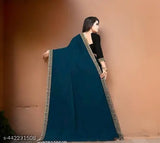 Georgette lace saree with blouse, daily and party wear, solid pattern in free size (N), India origin