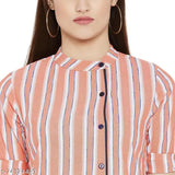 Orange and white striped cotton tunic for women, short sleeves, Indian origin
