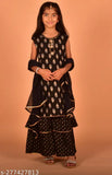 Kidaroo girls printed rayon kurta and sharara set with solid dupatta, perfect for parties and weddings