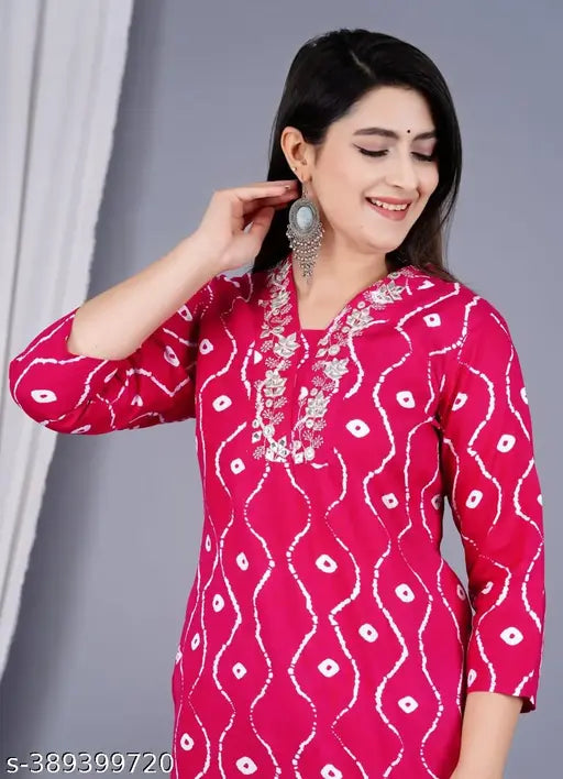 Pink rayon kurti with patiala, three-quarter sleeves, dyed/washed net design. Indian Aaliya cut V-neck kurti with work on v neck - Size M-38, L-40