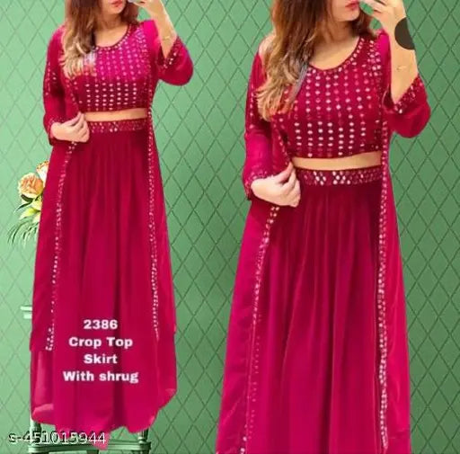 Georgette fabric, embroidered Gajari color gown choli skirt for women's long dress, wedding party wear, Bollywood style, latest fashion trend