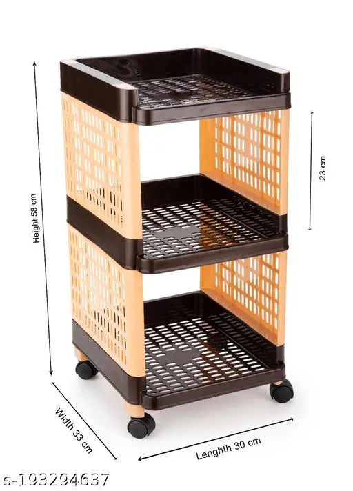 Brown and Ivory Bience Plastic 3-Tier Multi-Purpose Storage Organizer with Wheels - Kitchen, office, or living room essential for decluttering