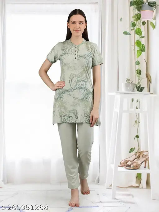 Cotton-blend Duchess long length night suit set, printed with side pockets and short sleeves - Comfortable and stylish women's pyjama set, perfect for lounge, casual, gym, maternity wear. Made in India