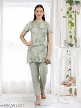 Cotton-blend Duchess long length night suit set, printed with side pockets and short sleeves - Comfortable and stylish women's pyjama set, perfect for lounge, casual, gym, maternity wear. Made in India