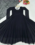 Anarkali long sleeve georgette kurta set with dupatta, solid color, perfect for outdoor parties, weddings, and casual events. Black one-piece dress for women, suitable for summer wear